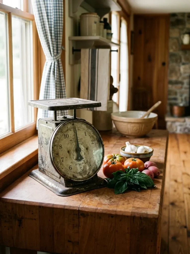  Antique cast iron kitchen scale displayed on a butcher block countertop in a farmhouse kitchen.
