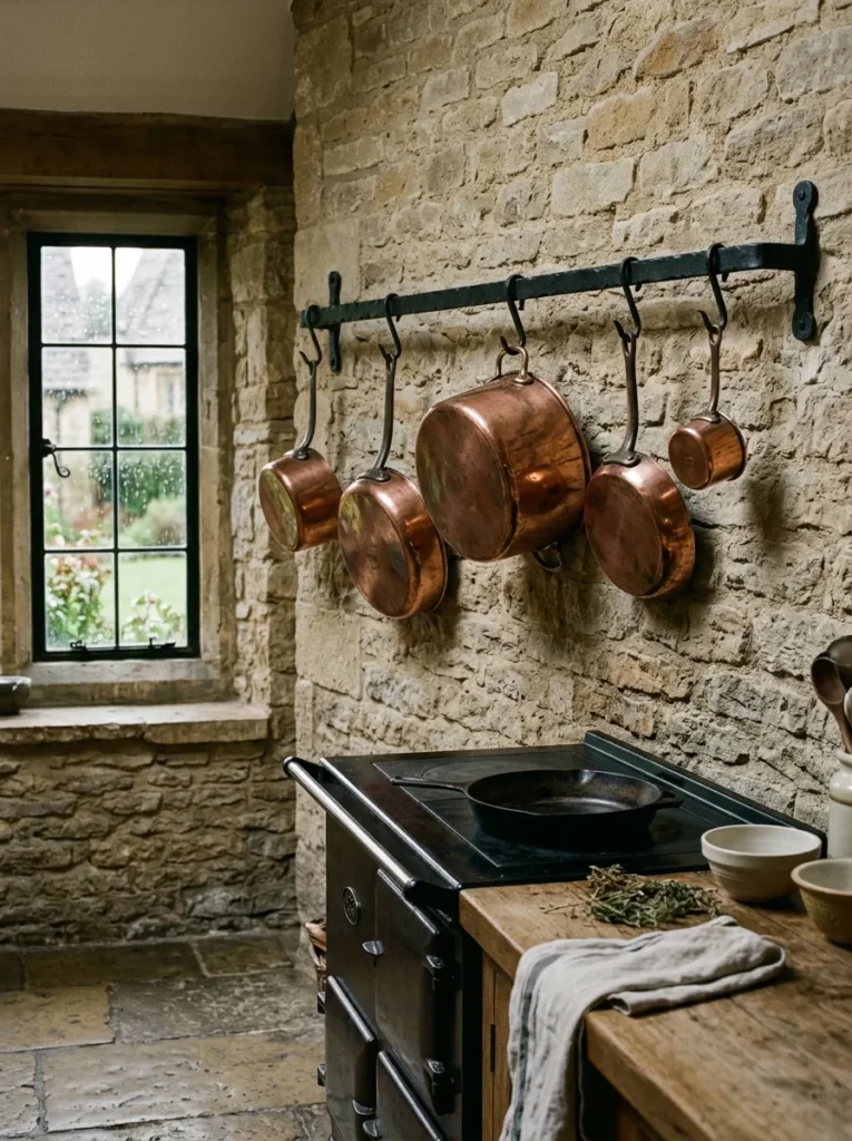 Iron pot rail mounted along a kitchen wall holding copper pans within reach of the stove.
