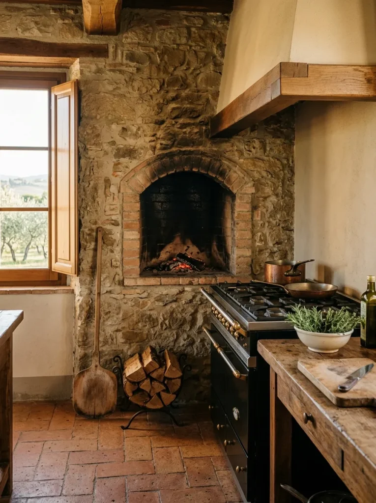 Small wood-fired brick pizza niche built into the wall beside a farmhouse kitchen range.
