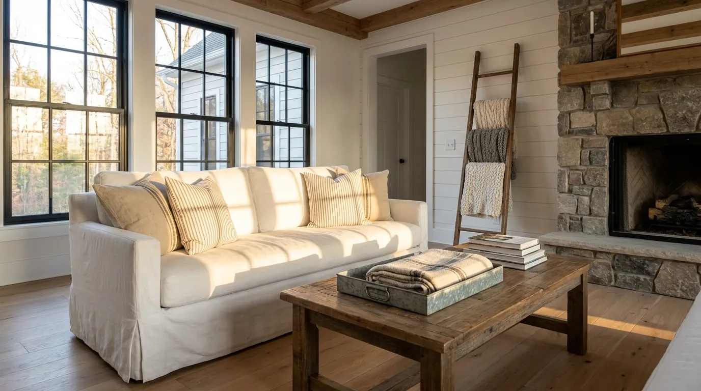 Bright modern farmhouse living room with shiplap wall, exposed beams, and a stone fireplace showing multiple cozy farmhouse design ideas