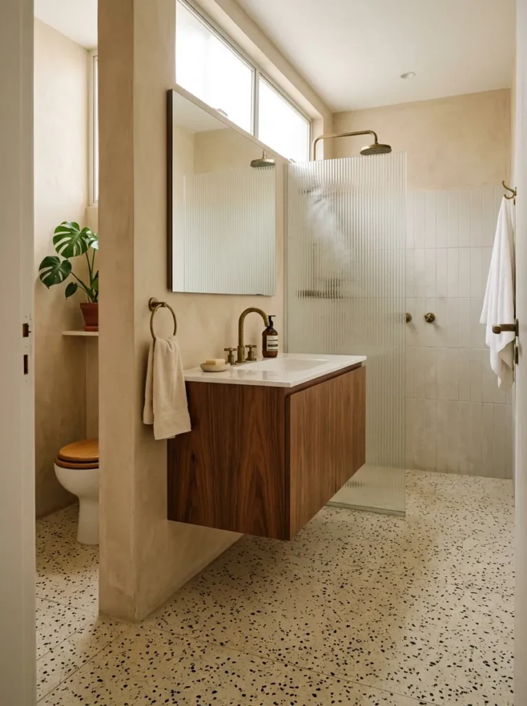 Wall-hung walnut veneer vanity floating above continuous terrazzo flooring in a mid-century minimal bathroom.