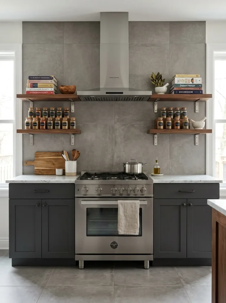 Matching floating wood shelves on either side of a range hood holding cookbooks and jars