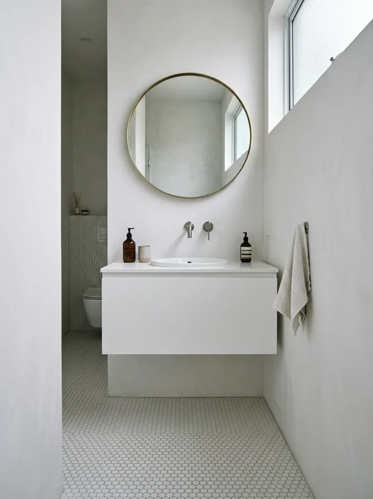 Slim white floating vanity with open under-clearance above a white hex tile floor, wall-mounted faucet, and round mirror in a narrow bathroom