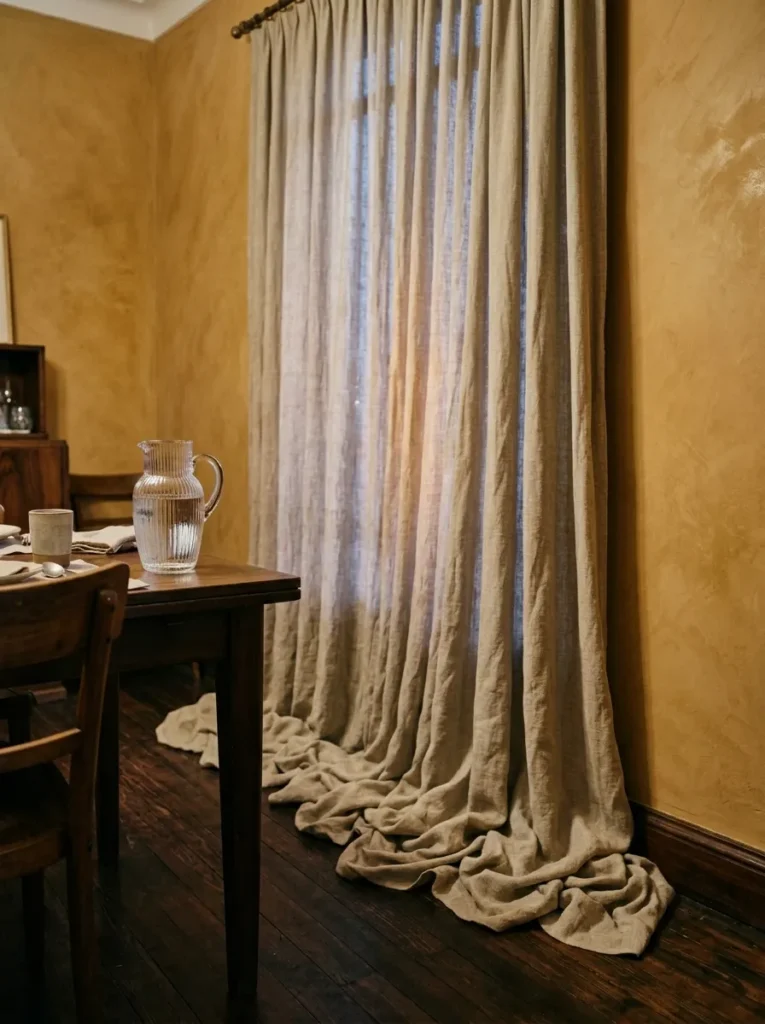 Natural linen curtains pooling on dark hardwood floor in an Art Deco Buenos Aires dining room with Venetian plaster ochre walls.