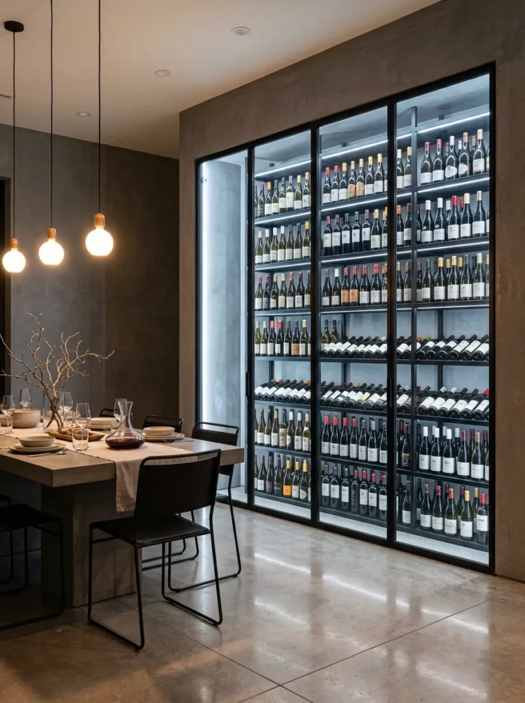  Floor-to-ceiling glass wine display cabinet built into a wall of a luxury dining room
