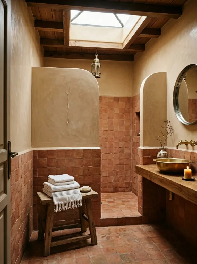 Continuous terracotta tile running from floor to hip height on all walls with tadelakt plaster above in a Moroccan-style bathroom.