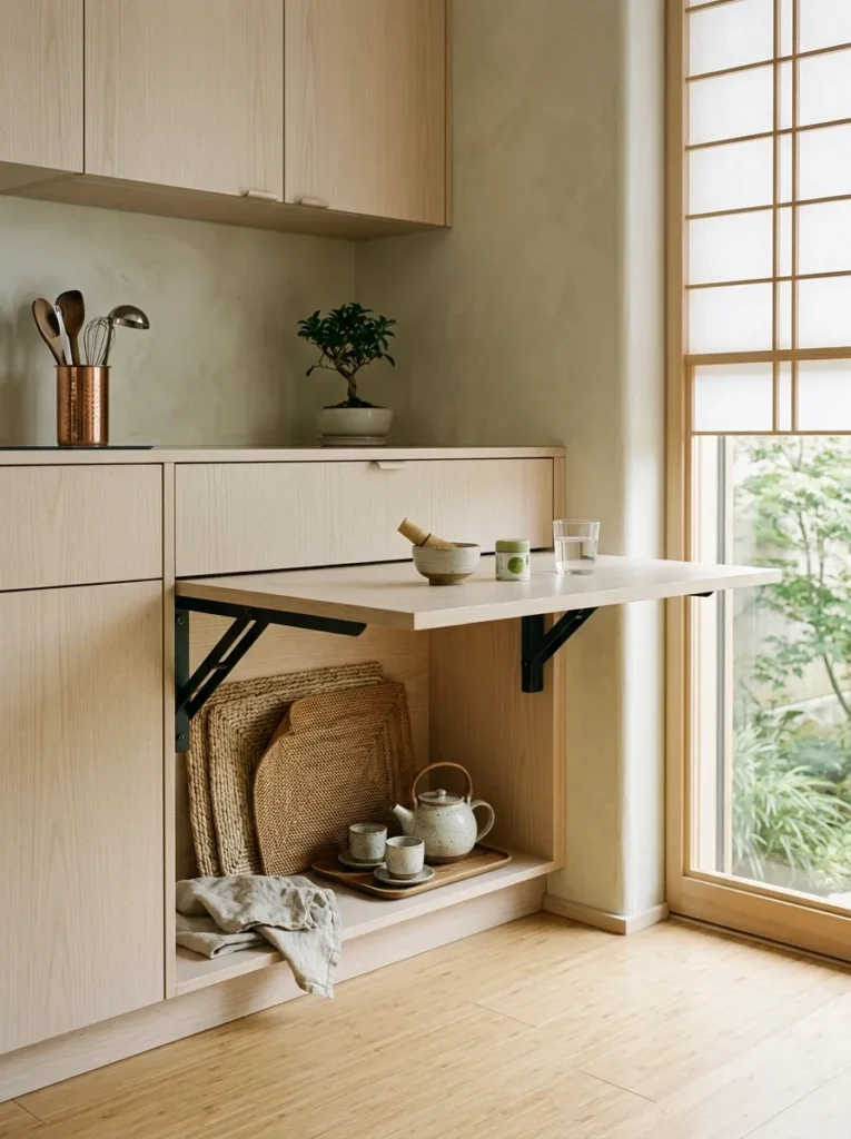 Wall-mounted fold-down wood table extended over open shelving storage compartment