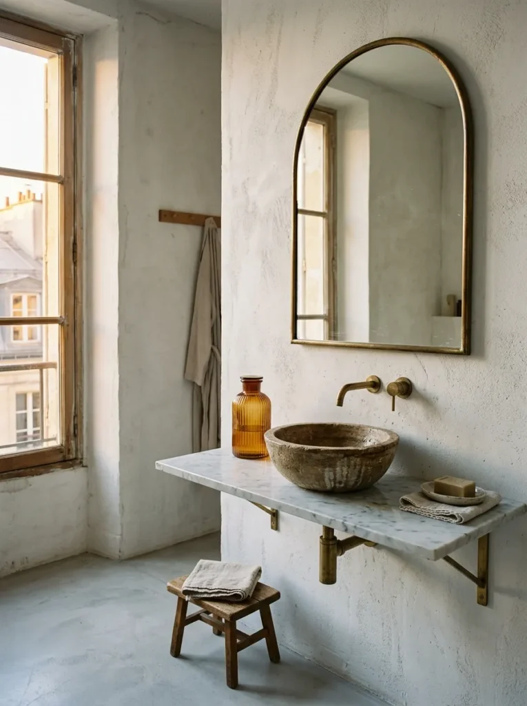 Arched unlacquered brass framed mirror above a marble console basin in a Parisian plaster-walled bathroom.