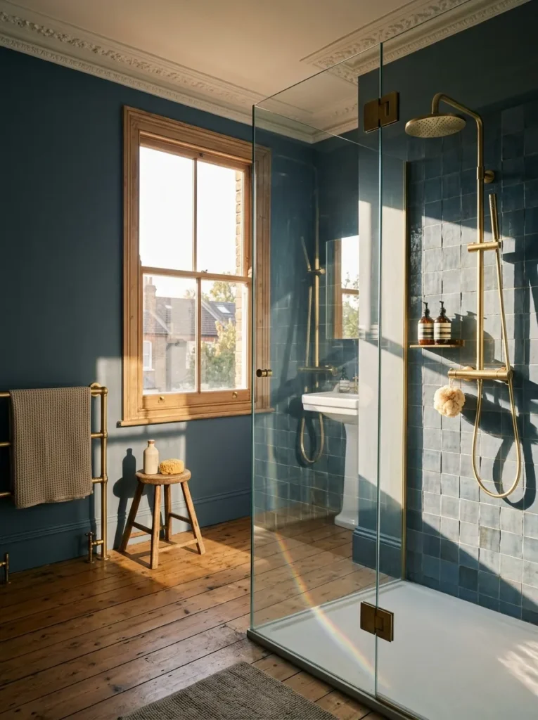 Frameless 10mm toughened glass shower screen on a brass pivot in a contemporary Victorian terraced bathroom.