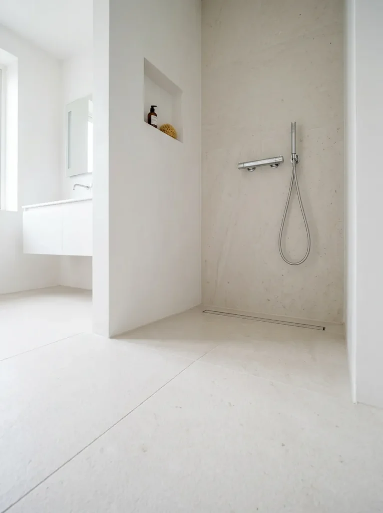 Small bathroom with a frameless open shower entry and flush floor drain, no threshold step, continuous white stone tile floor flowing from bathroom into the shower