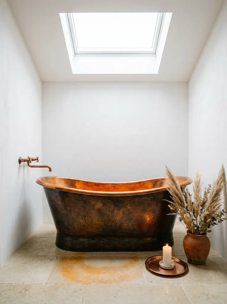 Spa bathroom with hammered copper freestanding bathtub positioned beneath a skylight, surrounded by stone floor and white walls with dried botanicals