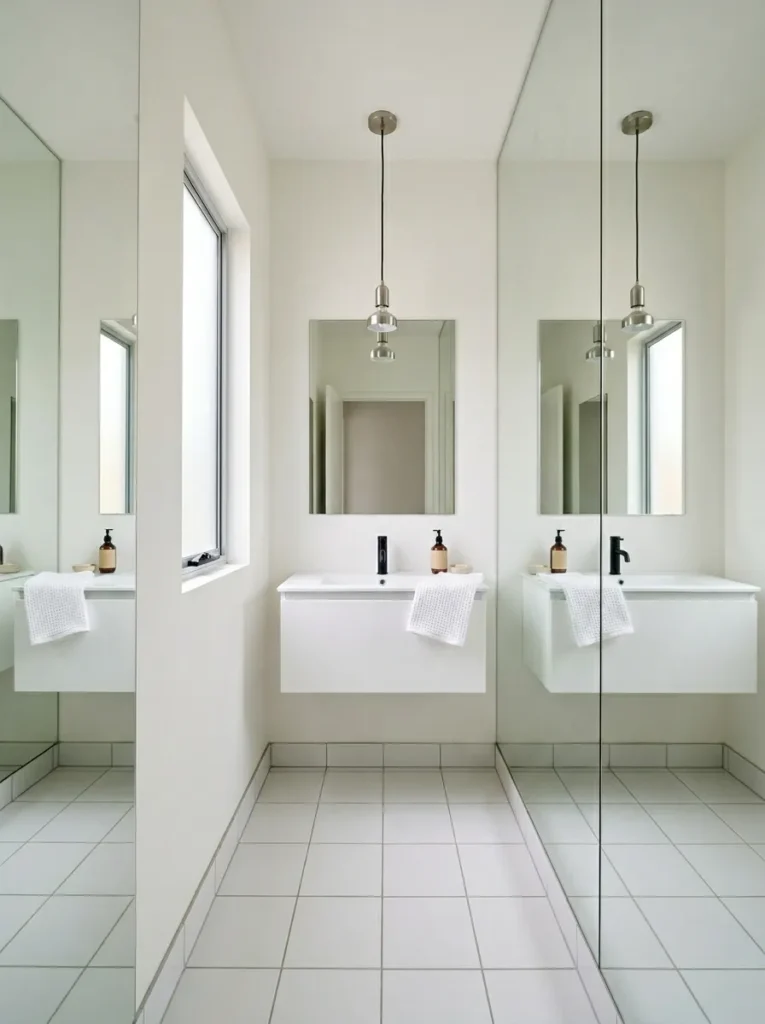 Small bathroom with a full floor-to-ceiling mirror covering one entire wall, creating the illusion of a doubled space beside a white floating vanity