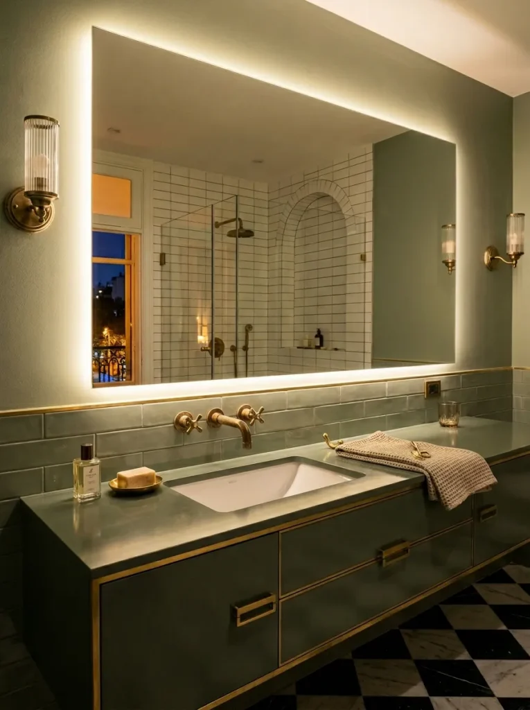 Full-width frameless mirror spanning the entire vanity in an Art Deco bathroom with unlacquered brass wall-mounted taps.