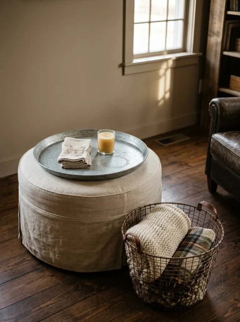  Galvanized metal tray and woven basket styled on a farmhouse living room ottoman

