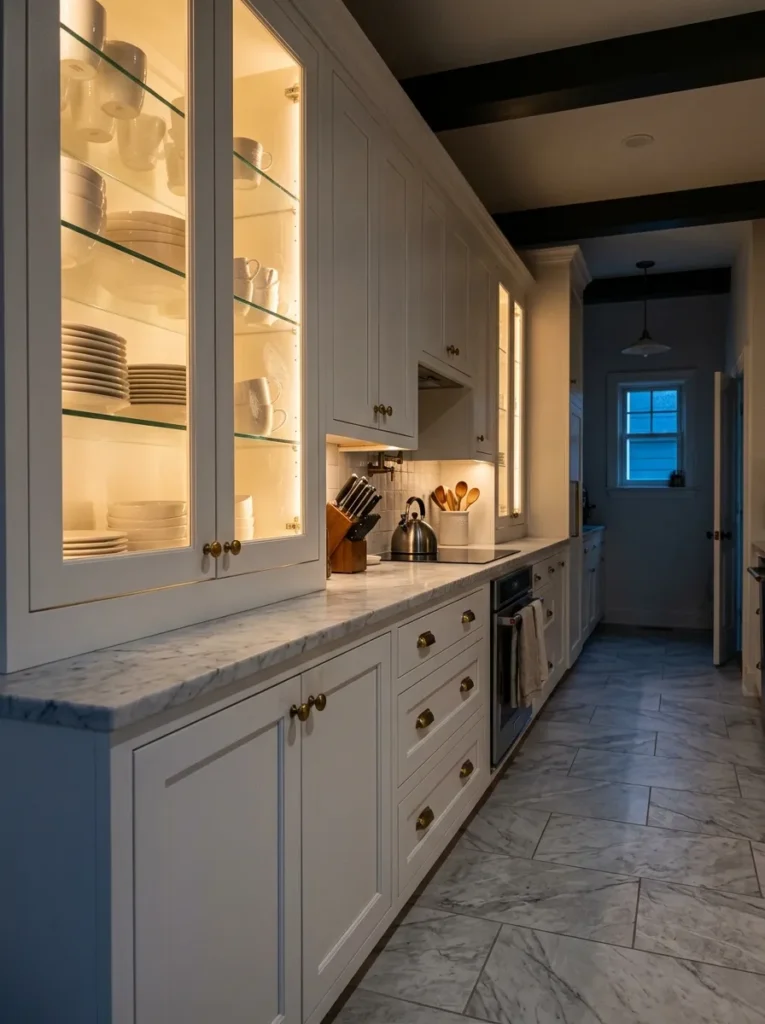 Glass-front white cabinets with warm interior lighting displaying dishware