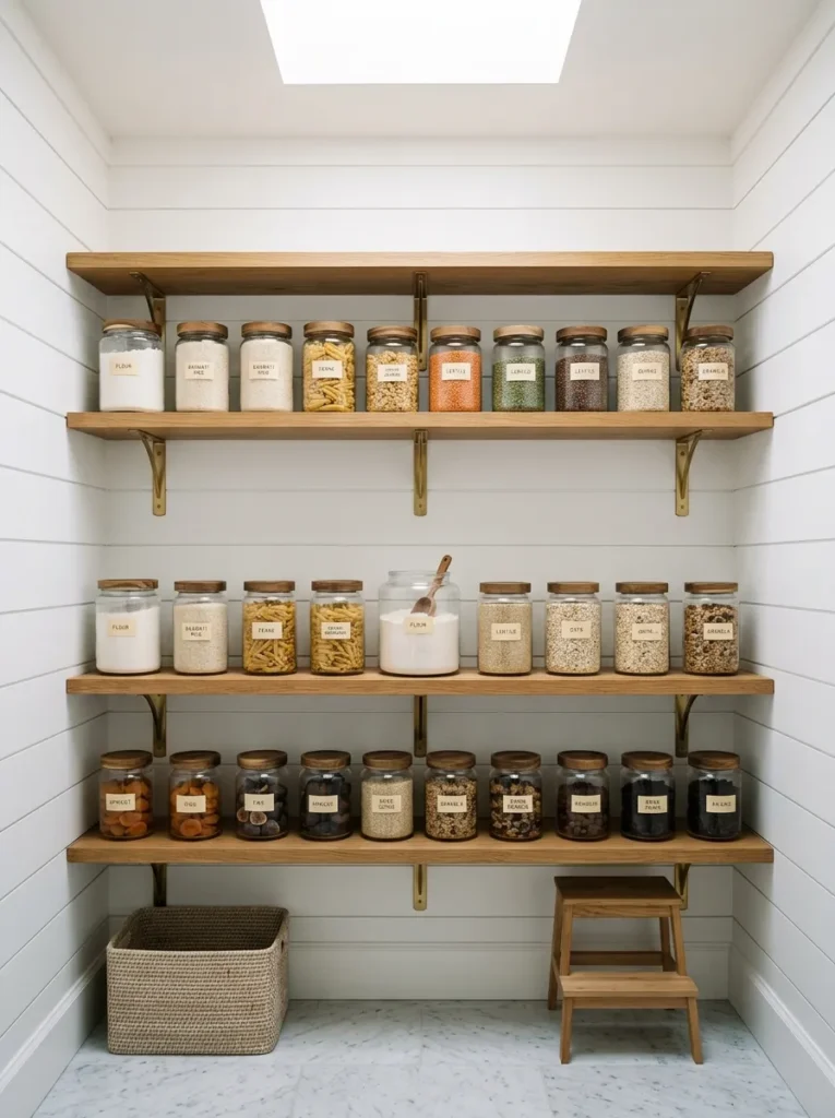 Wall of matching glass jars with wood lids storing pantry staples on open shelving