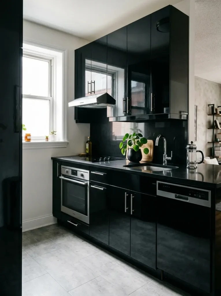 Small kitchen with high-gloss black lacquered cabinets reflecting ambient light