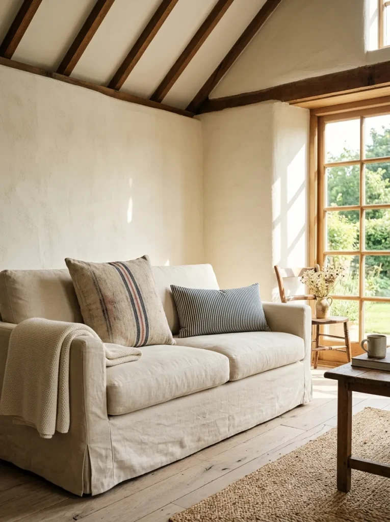 Farmhouse living room sofa styled with vintage grain sack and ticking stripe throw pillows
