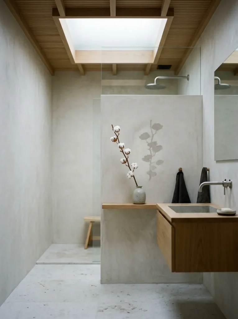 Single dried cotton stem in a hand-thrown stoneware bud vase on a floating oak vanity in a Japandi bathroom.