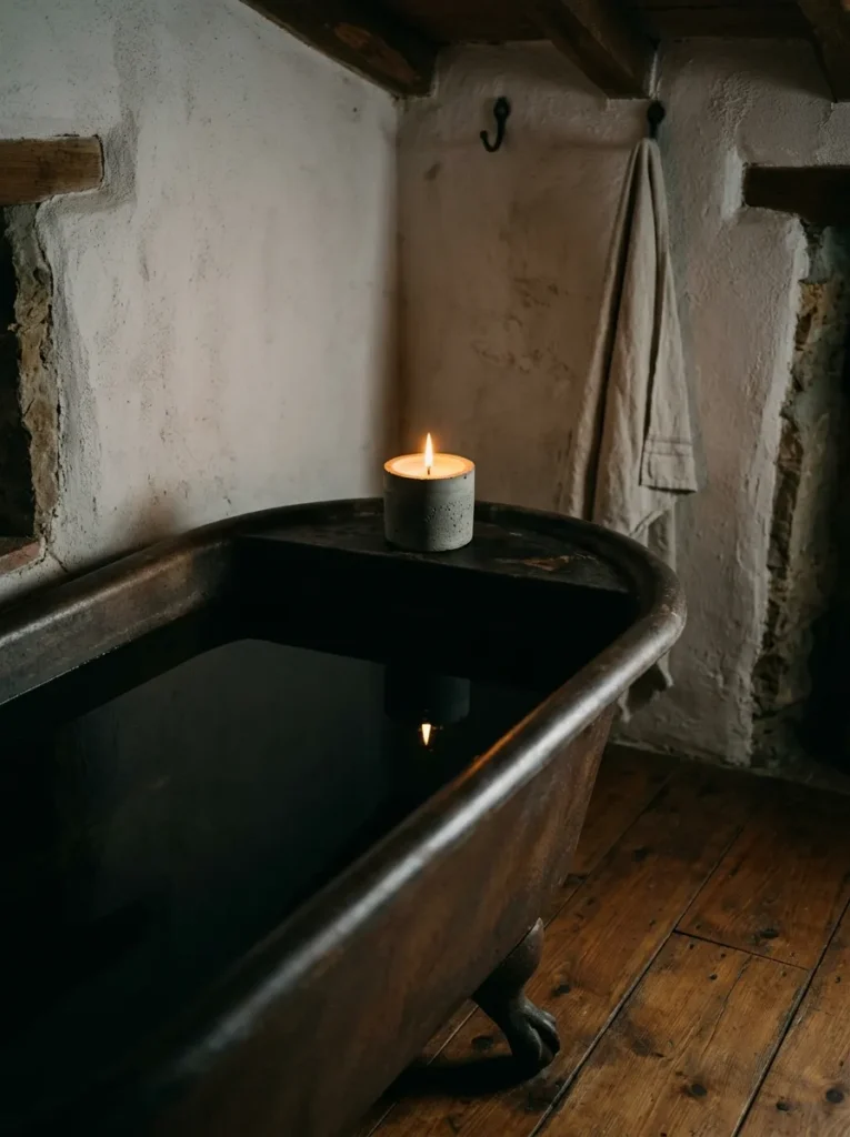 Lit concrete vessel candle on the rim of a cast-iron freestanding bath, reflected in dark water in a Tuscan farmhouse bathroom.