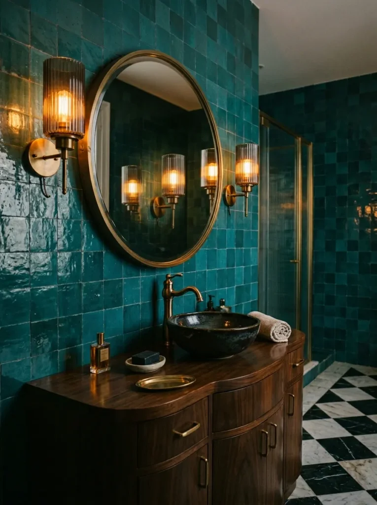 Smoked glass and brass wall sconces flanking a round mirror above a vessel basin in an Art Deco teal Zellige-tiled bathroom.
