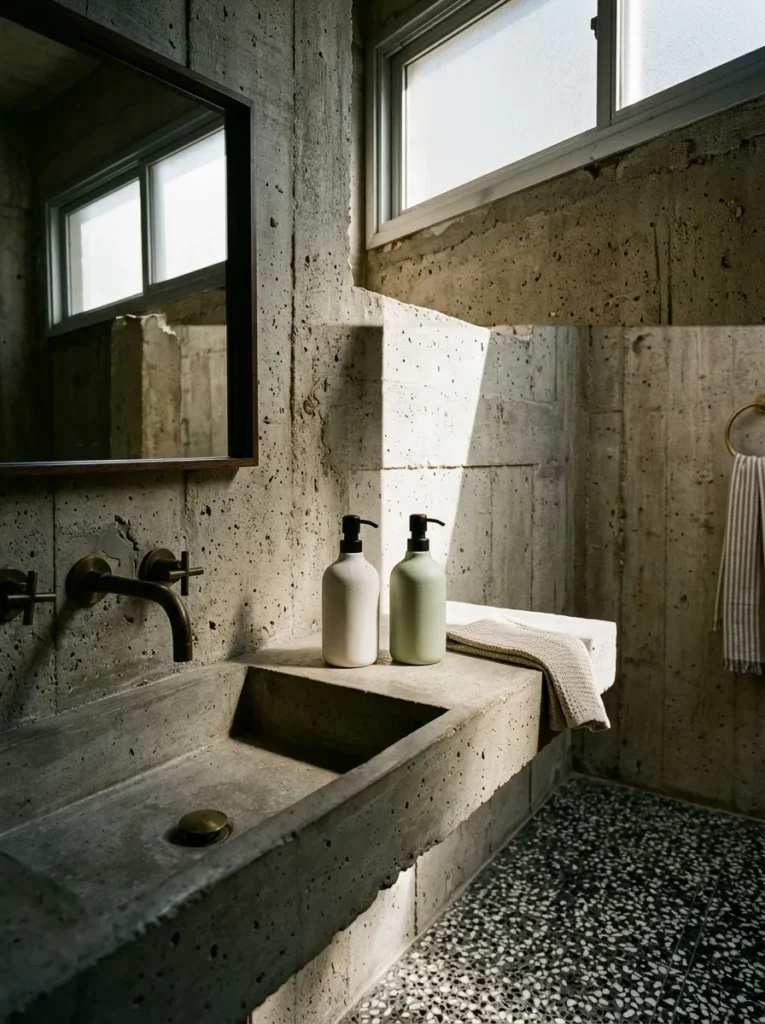 White and sage ceramic soap and lotion dispensers on a raw concrete shelf in a terrazzo-floored brutalist bathroom.