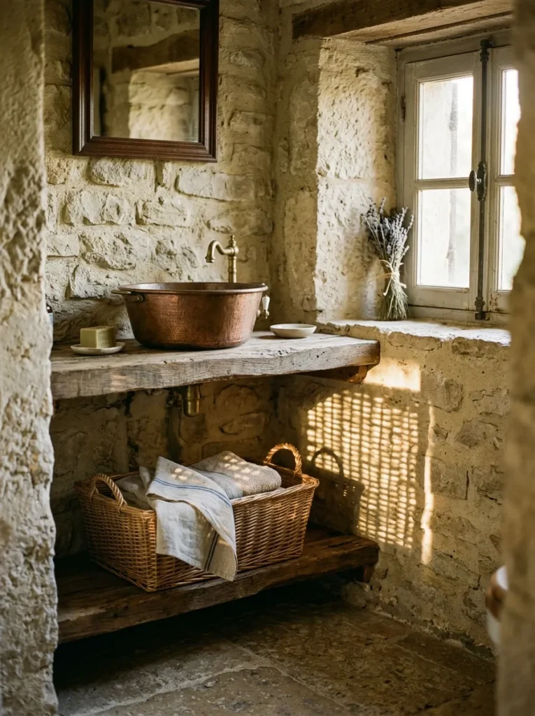 Wicker storage basket on a wood shelf beneath a copper basin against rough limestone walls in a Provençal farmhouse bathroom.