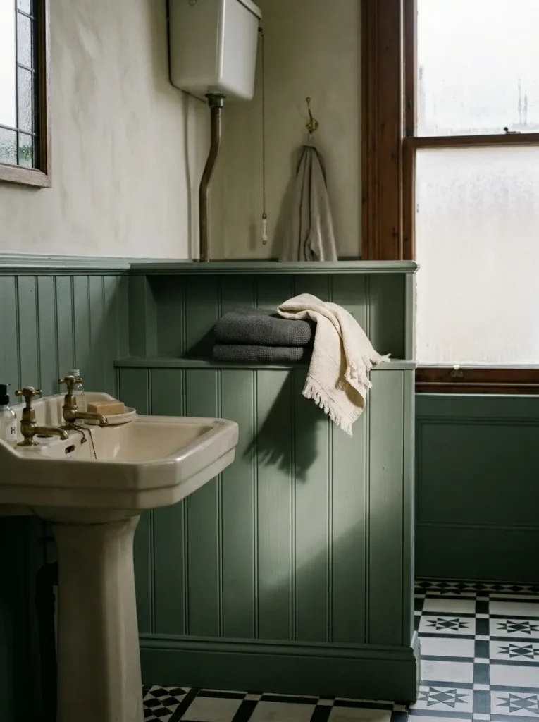Layered charcoal linen and unbleached cotton towels folded on a shelf in a sage-panelled guest bathroom.