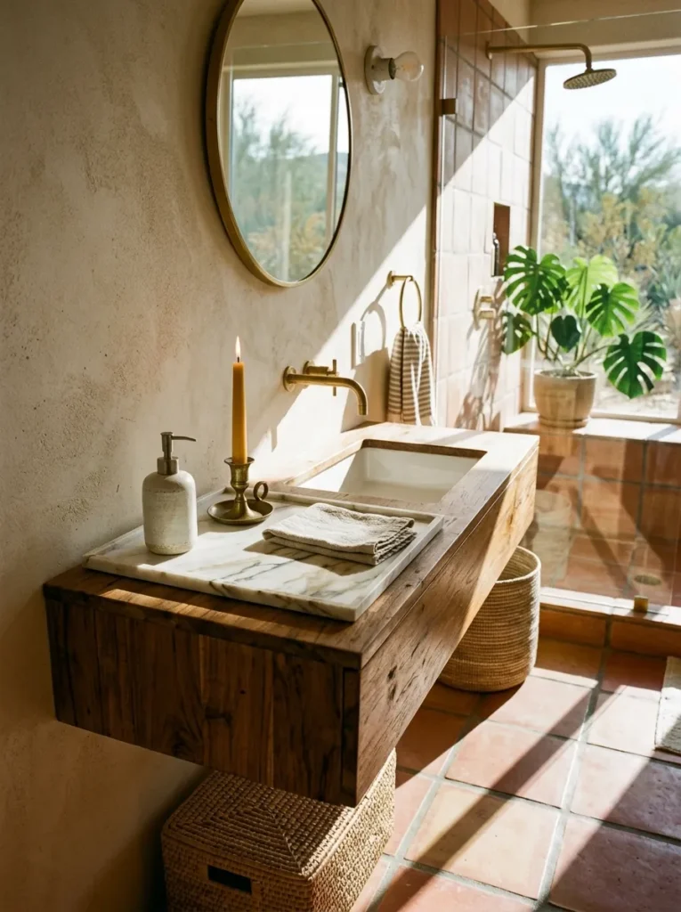 Honed Calacatta marble vanity tray with ceramic soap pump and beeswax candle on a teak surface in a mid-century bathroom.