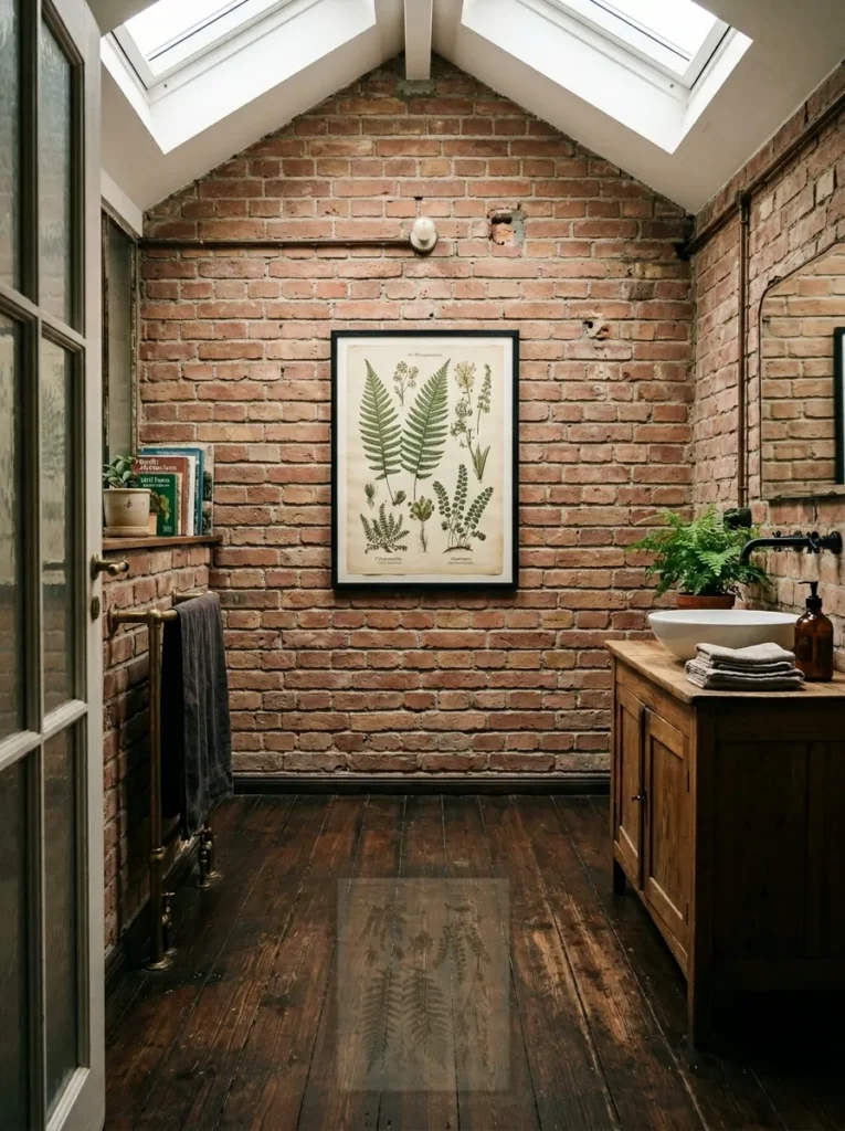 Black-framed botanical illustration hanging at eye level on exposed brick in a dark hardwood-floored loft bathroom.