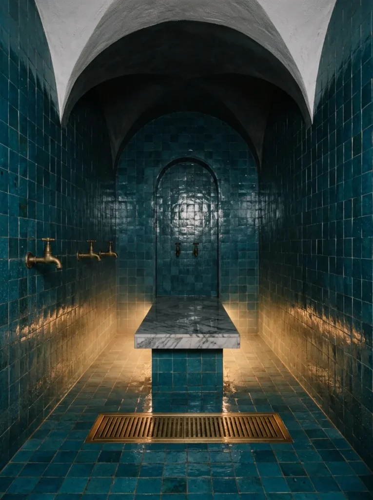 Hammam-style spa bathroom with floor-to-ceiling zellige mosaic tiles in deep teal, central floor drain, arched ceiling, and wall-mounted brass spigots
