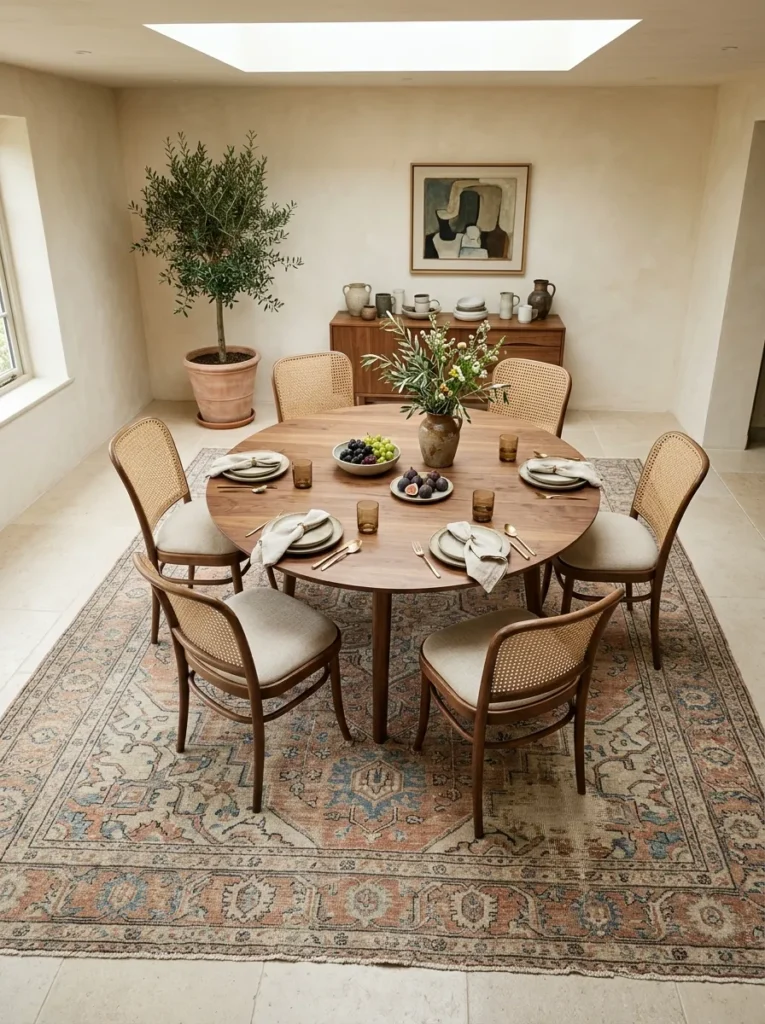 Hand-knotted wool area rug grounding a dining table and chairs in a luxury dining room
