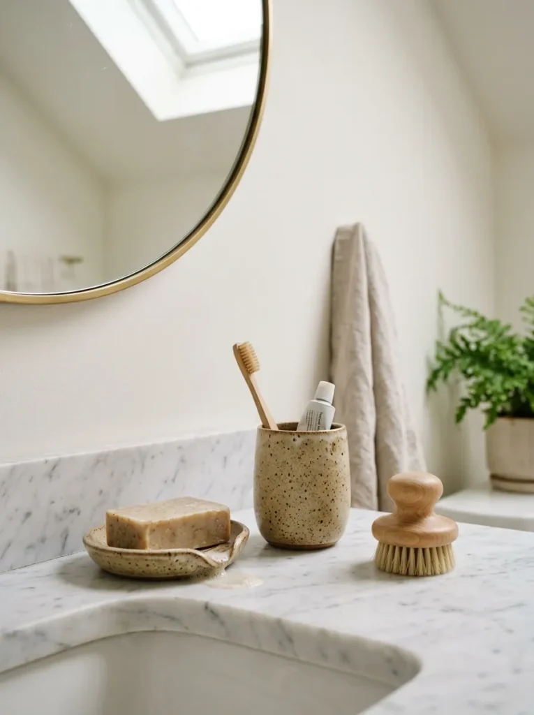 Hand-thrown ceramic soap dish and tumbler styled on a bathroom vanity countertop