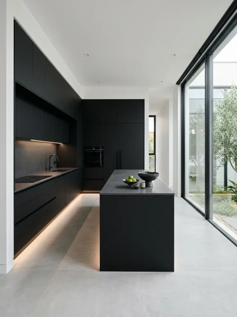 Minimalist dark kitchen with handle-free push-to-open cabinetry and integrated pulls