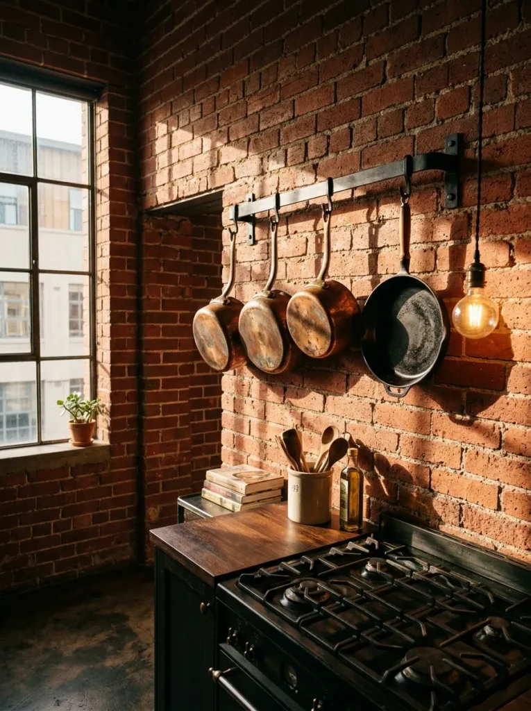 Wall-mounted iron pot rail holding hanging pots and pans above a stove