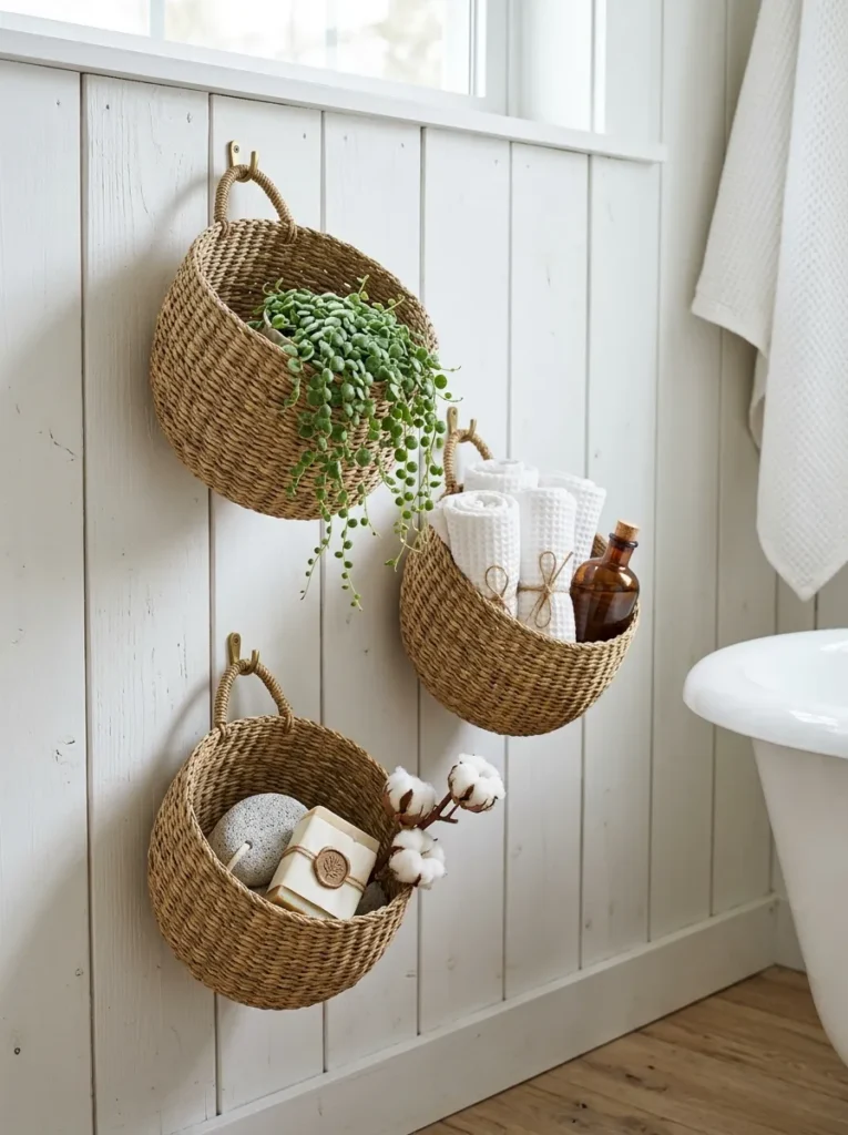 Three circular woven seagrass baskets hung at varying heights on a white bathroom wall holding toiletries, plants, and rolled towels