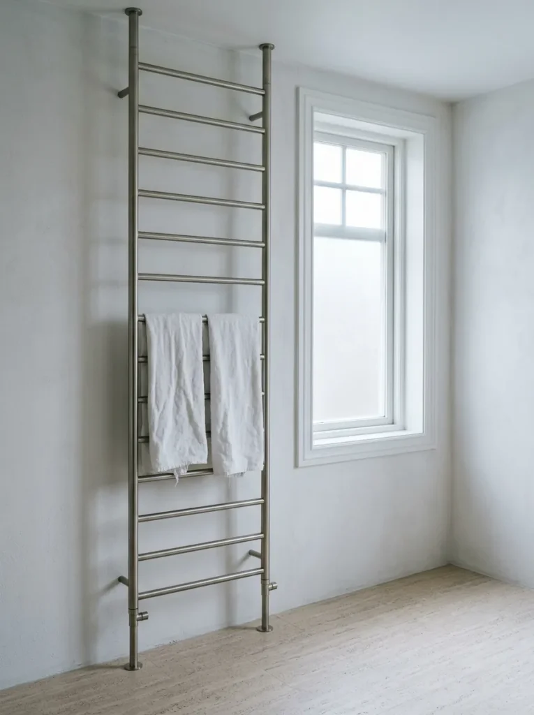 Brushed nickel floor-to-ceiling heated ladder towel rail against limewashed walls in a spare Scandinavian bathroom.