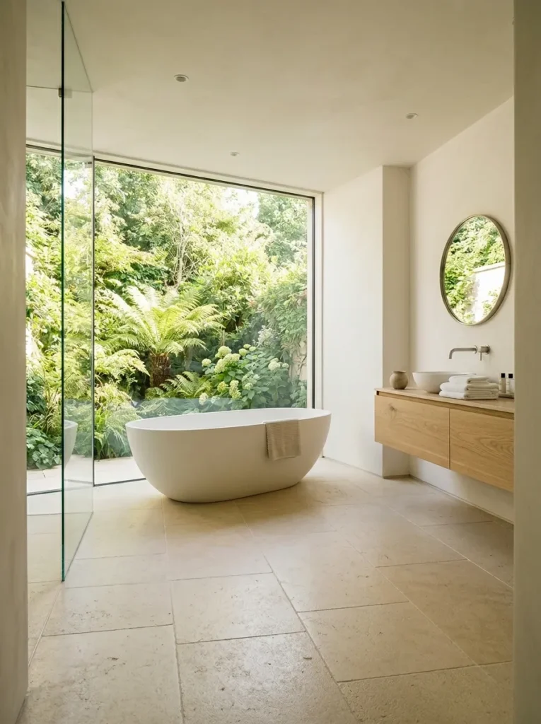 Spa bathroom with large-format warm limestone heated floor, freestanding bath, and wall of floor-to-ceiling windows looking into a private garden