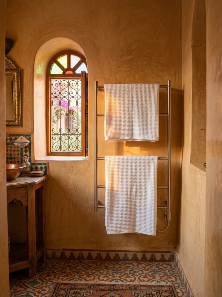 Brushed nickel heated towel rail with white waffle towels against ochre lime plaster walls in a Moroccan riad bathroom.