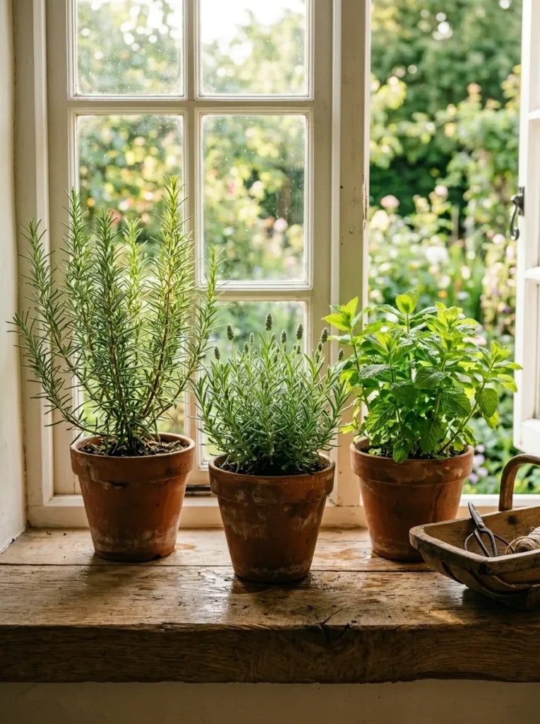  Narrow bathroom windowsill shelf holding small potted herbs — rosemary, mint, and lavender — in terracotta pots with warm morning light