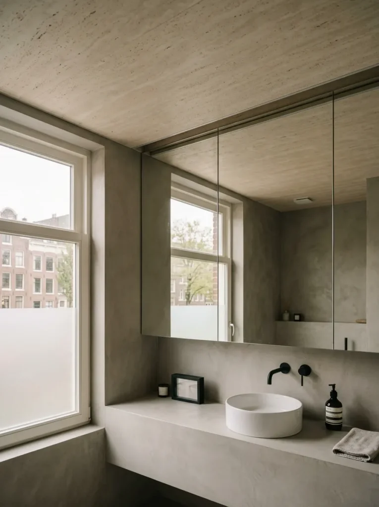 Mirror-integrated extractor fan leaving a continuous travertine ceiling uninterrupted in a contemporary Amsterdam bathroom.