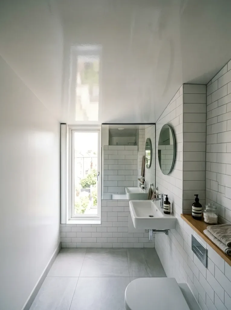 Small bathroom with a white high-gloss lacquered ceiling reflecting the room and window light downward above white tile walls and a marble floor