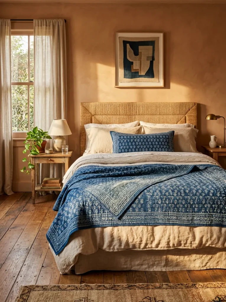Indigo block-print quilt and pillows layered on a bed with natural fiber accents