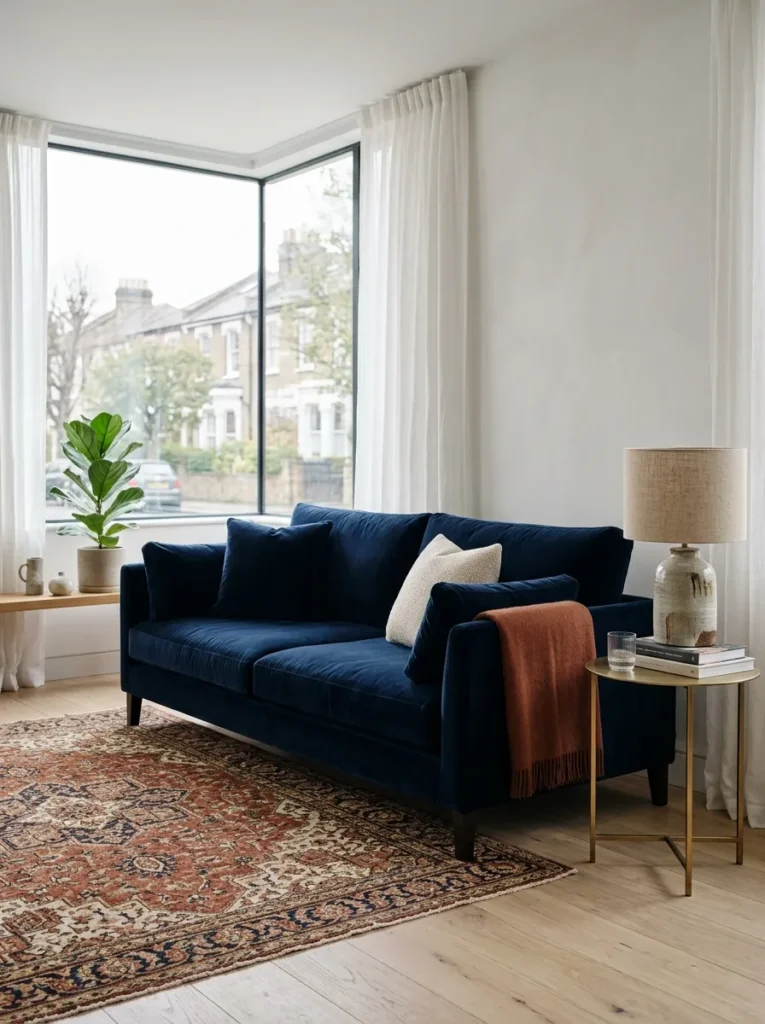 Ink navy velvet sofa in a living room with light oak flooring and a patterned rug