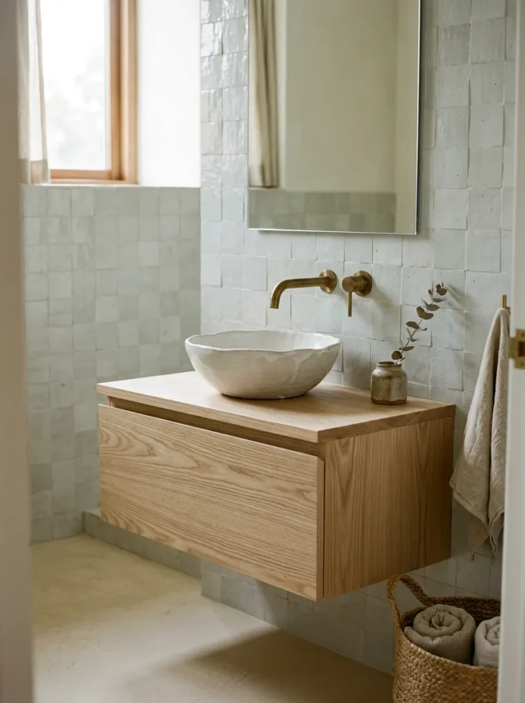 Japandi bathroom with wall-hung oak vanity, organic hand-thrown ceramic basin, brushed brass tap, and pale zellige tiles with natural imperfection