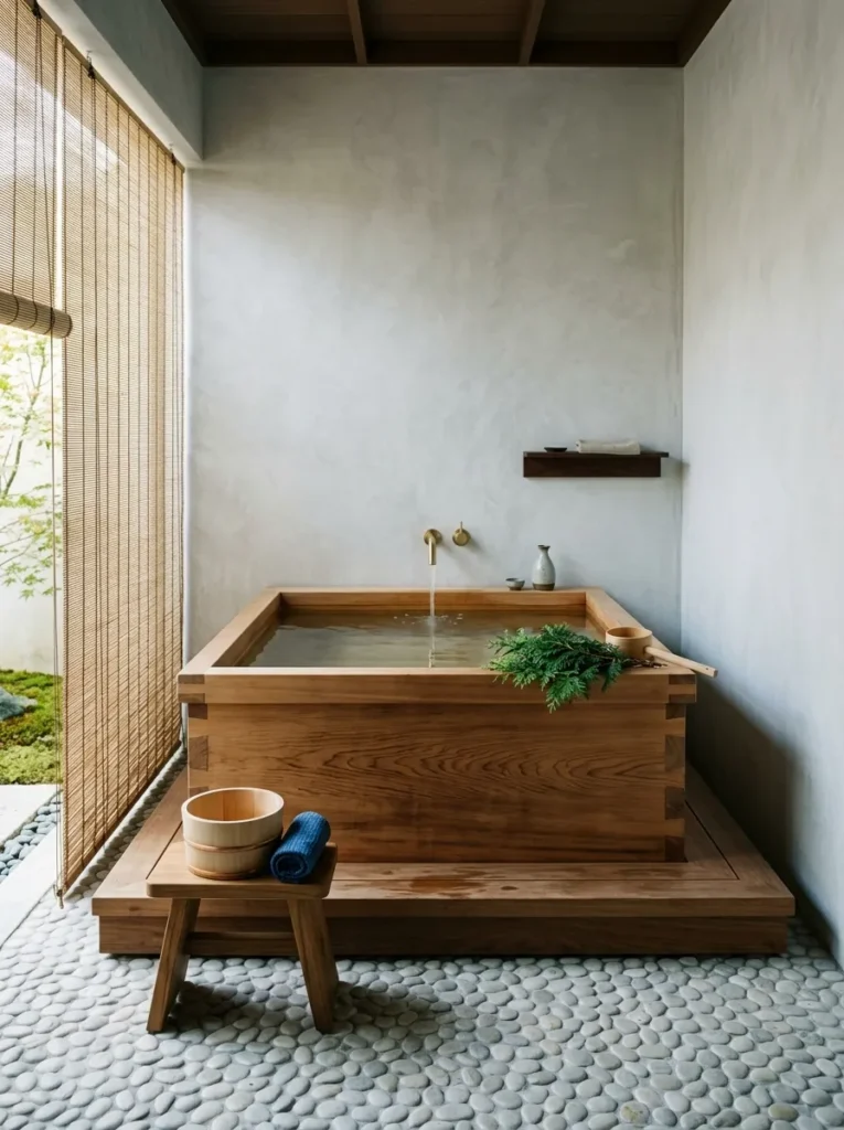 Japanese-style ofuro spa bathroom with a deep square cedar soaking tub, pebble floor, bamboo screen, and low wooden stool