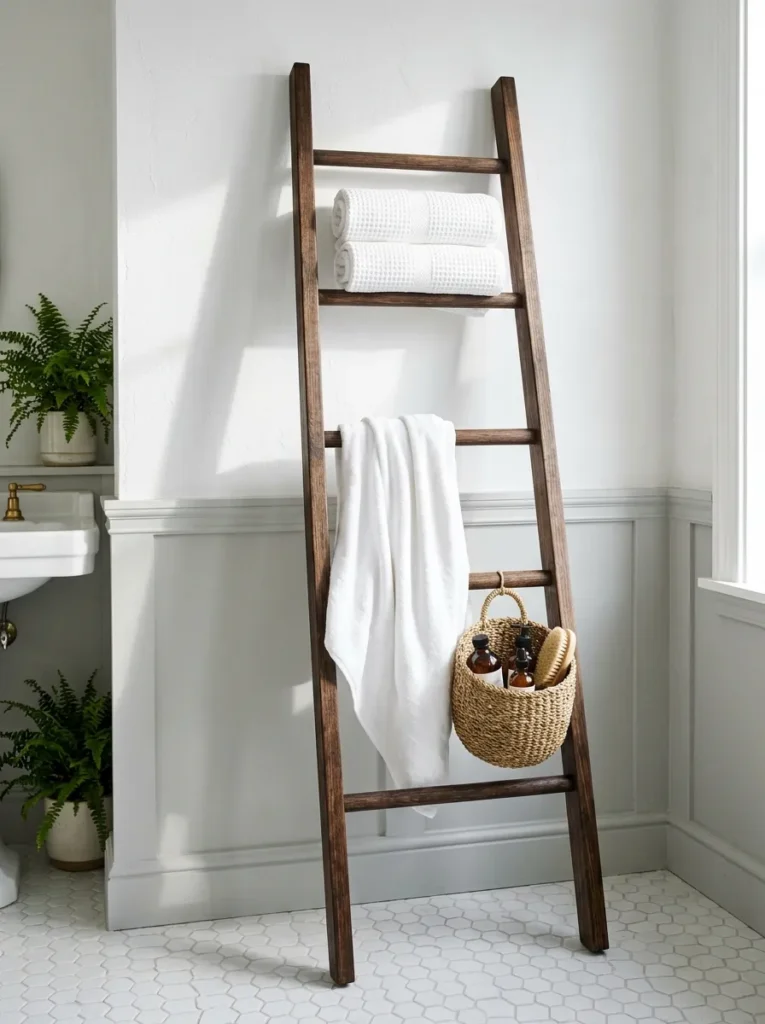 Freestanding dark walnut ladder leaning against a white bathroom wall holding rolled white towels and a small woven basket with toiletries