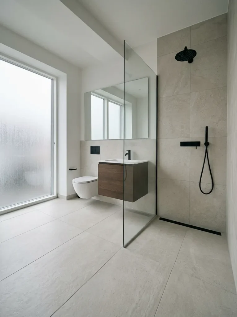 Large format limestone-effect porcelain tiles running continuously from bathroom floor into walk-in shower zone.