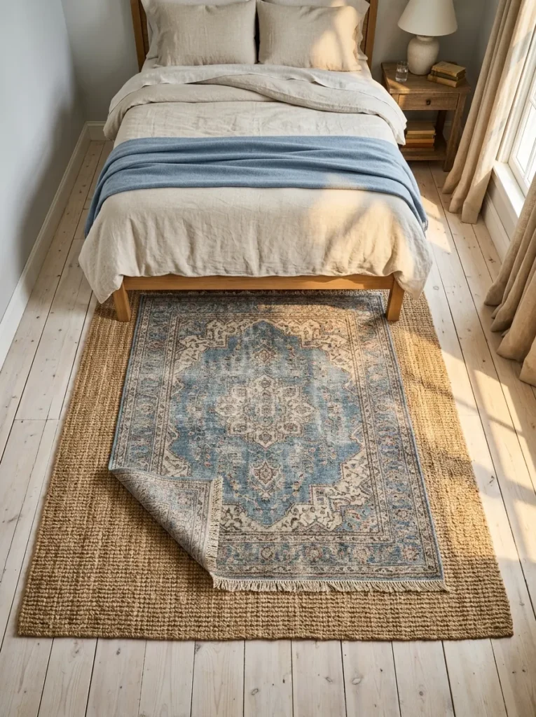 Jute rug layered with a smaller blue pattern rug at the foot of a bedroom bed