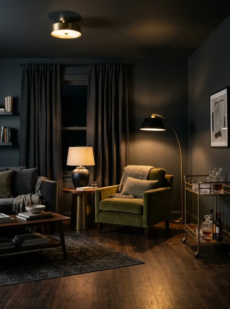  Dark living room glowing warm at night with layered brass floor and table lamps